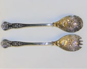 Vintage Silver Plated KINGS PATTERN Berry, Fruit, Leafy Salad Serving Set - Embossed Silverplate Fruit Spoon Fork Utensil Sheffield England