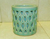 Signed Celadon Double Walled Pottery Heavy Reticulated Openwork Vessel Asian Jadeite Green Stoneware Asian Art Green HEAVY VASE planter