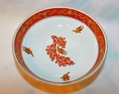 Gold Imari Bowl Red Rust Flower Flower Card Gold Birds Pattern Signed Japanese Bowl Porcelain Bowl Asian Rice or Soup Bowl SErving
