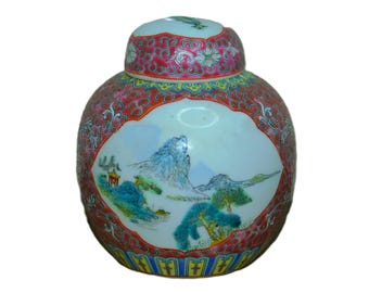 6" Chinese Jingdezhen Mun Shou Red Porcelain Ginger Jar w/ Lid Longevity Famille Rose
