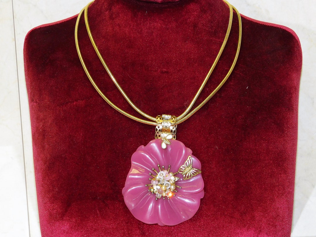 Large French Rose Pink Flower Pendant on Golden Chain Retro Etsy