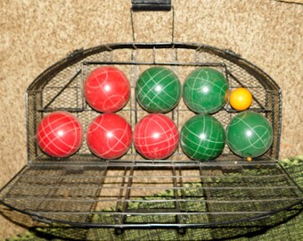 Vintage Eddie Bauer Competition Bocce Ball Set ~ 9 PC SET in Metal Cage Case ~ Etched Lawn Bowling Balls