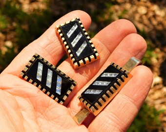 Onyx Cuff Links Tie Clasp Set: Black w/ Gold Tone CHANNEL SET Stone Wedding Formal Event Jewelry
