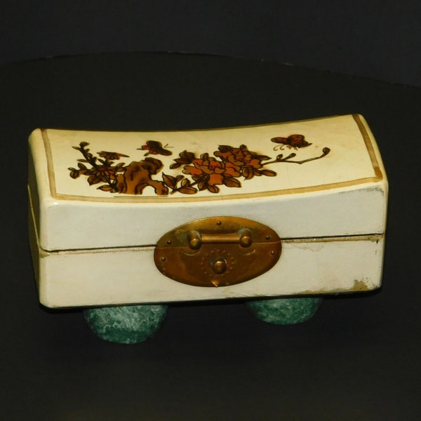 Antique Chinese Hand Painted Lacquered Wood Box Mahjong Motif Paper Lining ~ Ivory White w/ Gold/Bronze Flower & Butterflies Jewelry Trinket