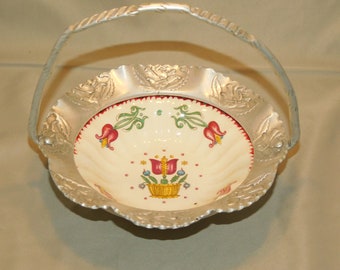 Farber & Shlevin Hand Wrought Aluminum Basket, Encased Porcelain Bowl Hammered Dish Brides Basket