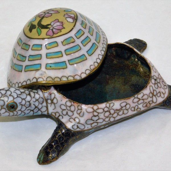 Cloisonne Sea Turtle Trinket Dish w/ Removable Lid ~ Chinese Tortoise Figurine ~ Unique Colors Enamel Cloisonné Ring Pin Trinket Jewelry Box