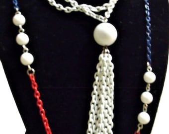 Vintage Enameled Chain Necklace Set: Red, White, Blue Patriotic Jewelry retro