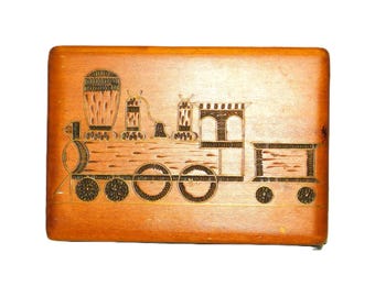Vintage Wood Box w/ Steam Engine Train in Pyrography, Inset gold wires. Decorative Storage