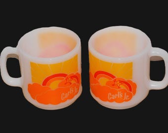 2 Vintage Carl’s Jr McKee Glasbake Milk Glass Stackable Mugs: 1970s Sunrise pattern