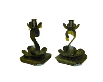 Black PAIR Hammered Wrought Iron Candle Holders ~ Impressive Primitive Candlesticks Flower Drip Pans