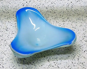 Powder Blue & White Cased Triangular Art Glass Bowl ~ Mid Century Free form Sculpture Bowl ~ Candy Dish Home Decor Baby Blue Empoli Italy