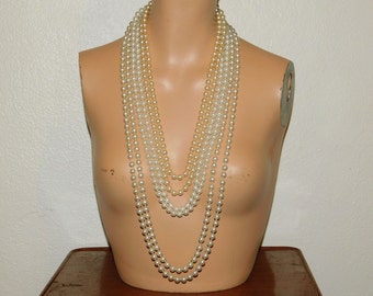 3 Strands Faux Pearl Opera Length Hand Knotted Glass Bead Necklaces 72, 58 & 52 Inch White Champagne Vintage Flapper Beaded Necklace