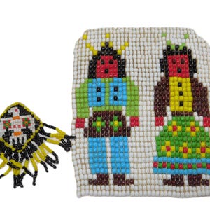 May include: A beaded artwork featuring two figures and a separate decorative piece. The figures are depicted in a pixelated style, with vibrant colors including red, green, blue, and yellow. The background is white, and the piece has a Native American theme.