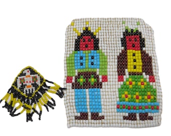 1950's Vintage Native American Glass Seed Bead Patches, People & Fringed Thunderbird