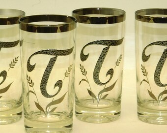 8 Silver Band & Letter "T" MONOGRAM: Dorothy Thorpe MCM Cocktail Highball Drinking Glasses.