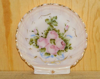 Vintage Pink Milk Glass Shell Plate: Cambridge Crown Tuscan Hand Painted Charleton Decoration