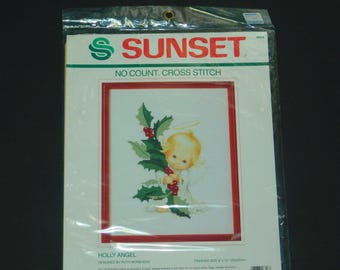 1989 Dimensions Sunset Cross Stitch Kit “HOLLY ANGEL” Christmas Decor SEALED Easy