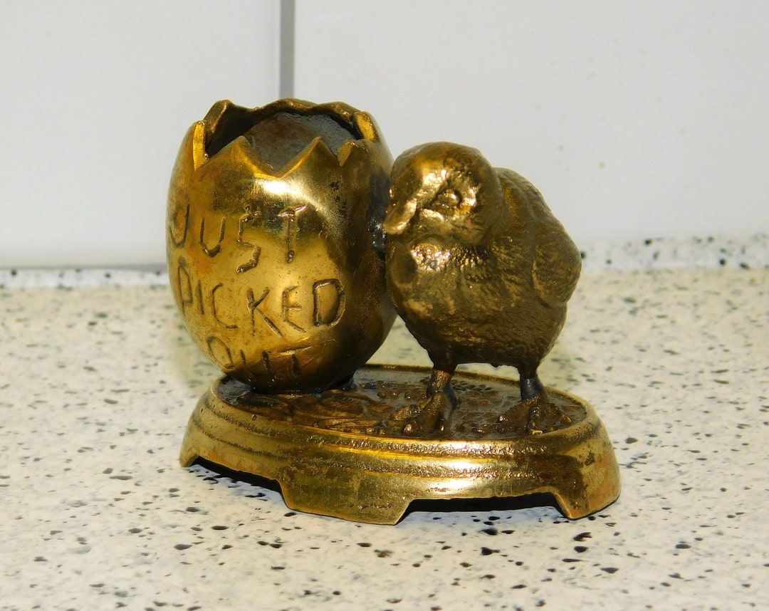 Vintage just Picked Out Brass Toothpick Holder Golden Egg and Chick