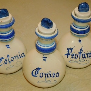 Blue & White Italian Pottery Decanters: Set of 3 Hand-Painted Bottles