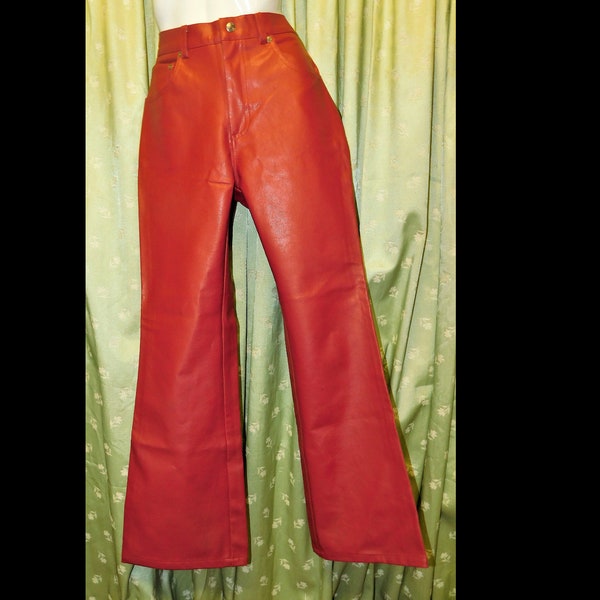 Vintage Red Faux Leather Pants High Rise Bell Bottom ~ 28" Waist 28 1/2" - 29 inches inseam Vinyl Pleather Jeans Women