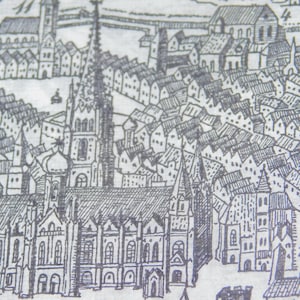 May include: A detailed black and white illustration of a European town, featuring numerous buildings, churches, and a central cathedral. The artwork showcases a historical architectural style, with intricate details in the rooftops and structures. The image has a vintage, hand-drawn aesthetic.
