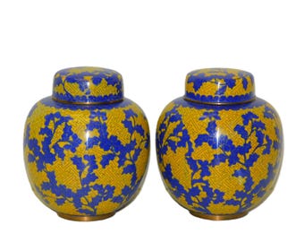 Vintage Pair of Chinese Cloisonné Brass Ginger Jars with Blue & Yellow Floral MCM Asian Decor