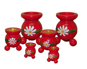 Scandinavian Red Wooden Candle Holders: Hand-Painted Daisy, Ball Feet, 3 Sizes (Set)