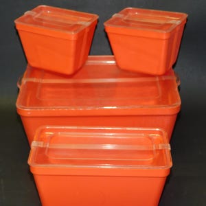 Rectangle Refrigerator Bowls: Stanley Home Products Retro 1970s Orange storage dish set w/ lids