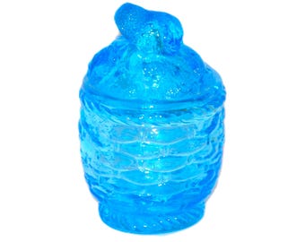 Vintage Aqua Glass Honey Pot: Strawberry Lid, Basket Weave Jar
