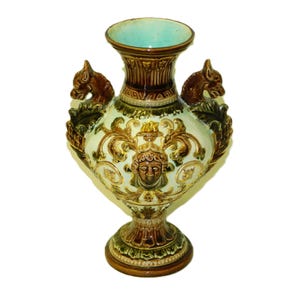 Antique Majolica Urn Vase: Austrian Faience Pottery with Griffin Handles