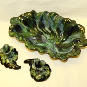 Van Briggle Pottery ~ Mid Century Modern Fruit Bowl & Candle Holder Set Cobalt Blue w/ Green White Drip / Lava Lamp