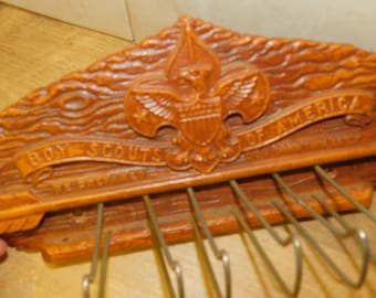 1950's Vintage Boy Scouts of America Tie Rack Holder 9" Syroco Carved Wood BSA ~ Use for Belts, Scarves, Jackets, Display  Collectible Decor