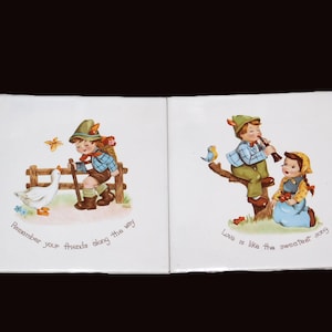 May include: Two-page spread from a children's book featuring illustrations of children in a pastoral setting. One image shows a boy with a goose and the text "Remember your friends along the way." The other shows a boy playing a flute and a girl with the text "Love is like the sweetest song."