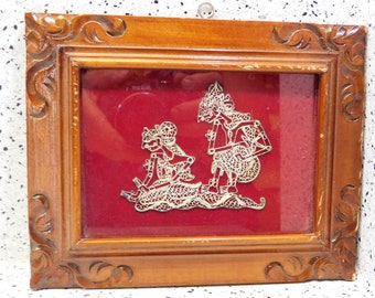 Indonesian Java Javanese Shadow Puppet: Silver Wire Filigree Wall Art in Carved Wood Frame