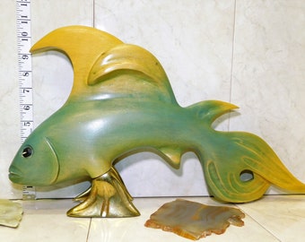 Large Mid Century Fish Sculpture on Brass Fin Base ~ Hand Carved Wood MCM Figurine ~ Beachy Coastal Nautical Decor