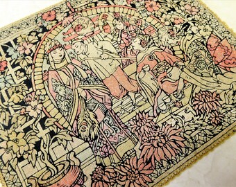 Asian Art Tapestry on Felt ENCRUSTED w/ BEADS ~ Intricate Japanese Tea in Garden Scene / Rickshaw ~ Doily Folk Art Frameable Wall Hanging
