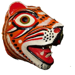 Vintage 3D Tiger Mask: Hand-Painted Paper Mache Wall Art Animal Wildlife Motif