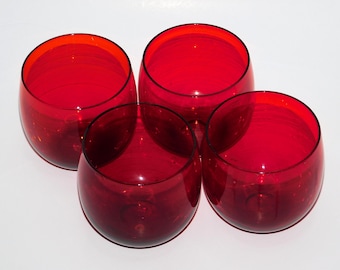 Vintage Ruby Red Roly Poly Cocktail Glasses, Lowball / Juice Tumblers, Set of 4