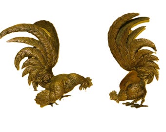 11" Brass Fighting Roosters: Mid-Century Farmhouse Ranch Decor