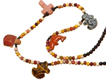 Jasper Animal Totem Beaded Necklace, Turtle, Frog, Dolphin, Cross
