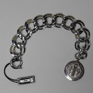 Stainless Steel 7/8" Wide Curb Double Chain Link Unisex Bracelet w/St Benedict Charm