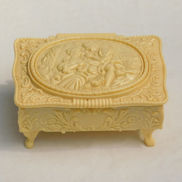 Art Nouveau / Victorian Style ORNATE Celluloid Plastic Jewelry Box ~ Romantic Couple in Relief & Queen Anne Legs Vanity Jewel Casket Mirror