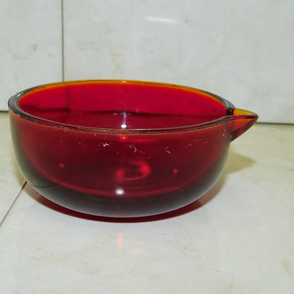 Vintage Amberina Red Mini Glass Bowl w/ Spout ~ Tiny Ruby Red Kitchen Herb / Sauce Mixing Bowl ~ Pharmacy Apothecary Depression Glass Rarity