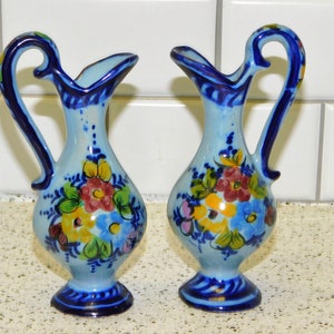2 Vestal Alcobaca Portugal Cruet Pitcher: Blue Floral Hand Painted Pottery Bud Vases