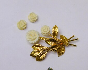White Roses Brooch & Post Earrings Set ~ Carved Celluloid Roses w/Gold Settings