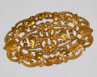 BRASS Large Oval Floral Filigree ~ Ornate Plaque Ornament Stampings Jewelry / Belt / Craft Brass Findings