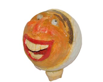 Hand Carved Golf Ball Caricature Face ~ Novelty Collectible w/ Open Mouth & Googly Eyes
