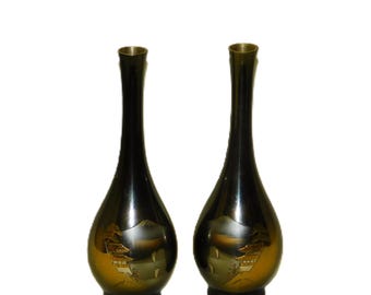 Vintage Japanese Black Etched Brass Bronze Bud Vases: Pagoda Mountain Scene
