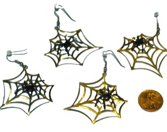 Spider on Web Dangle Earrings: Gothic Jewelry, Halloween Costume (2 Pairs)