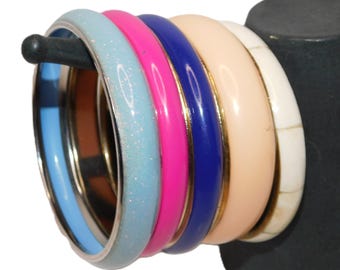 80's Brass Bangle Bracelets, Acrylic / Resin Inlay: Lot of 5